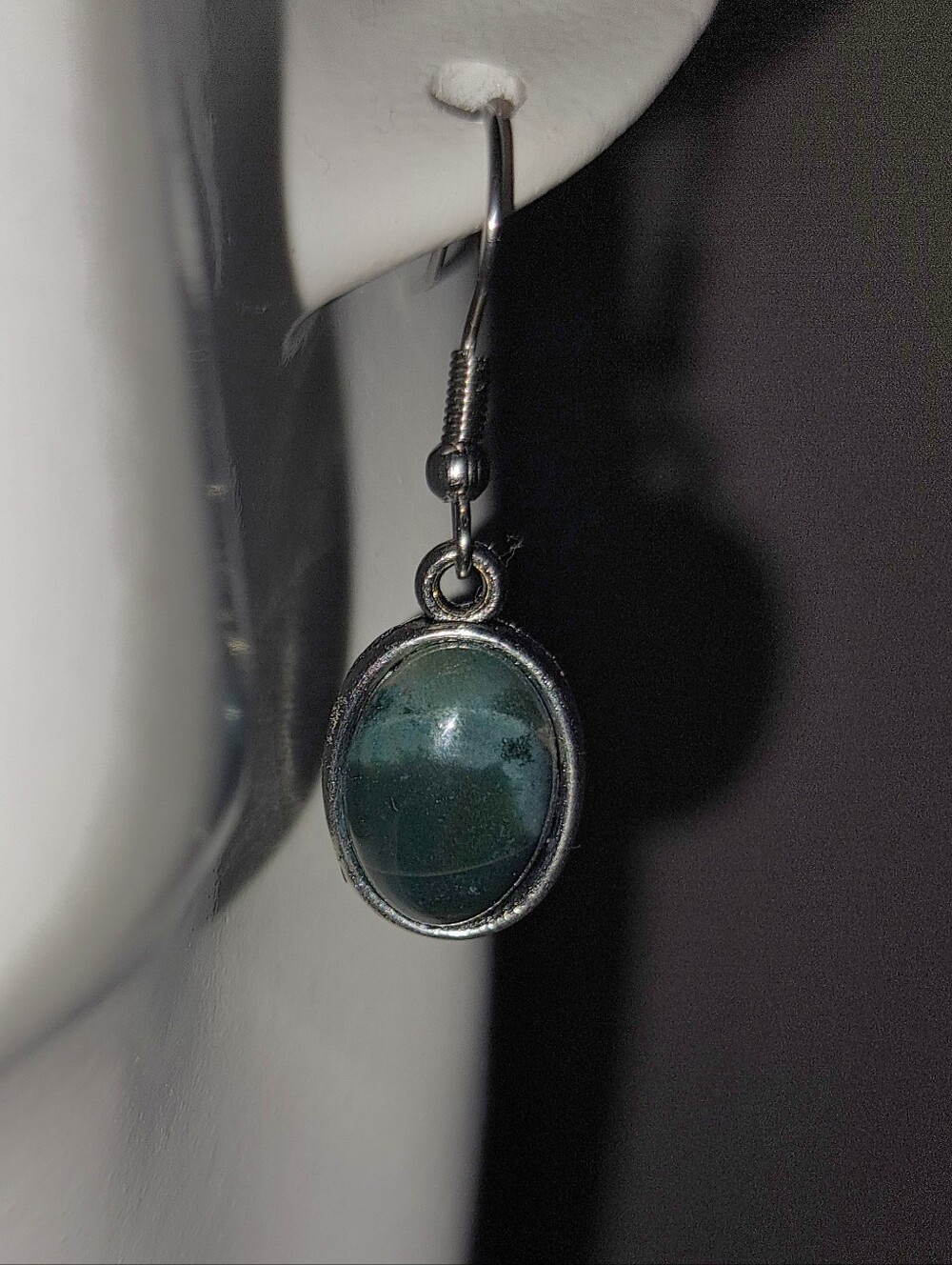 Moss Agate Gemstone Cabachon  Earrings in Silvertone, Stainless Steel Ear Wires